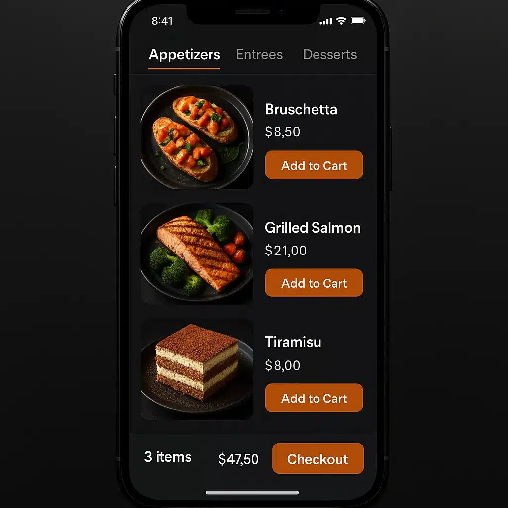 Commission-free restaurant online ordering system showing menu items with add-to-cart and checkout flow