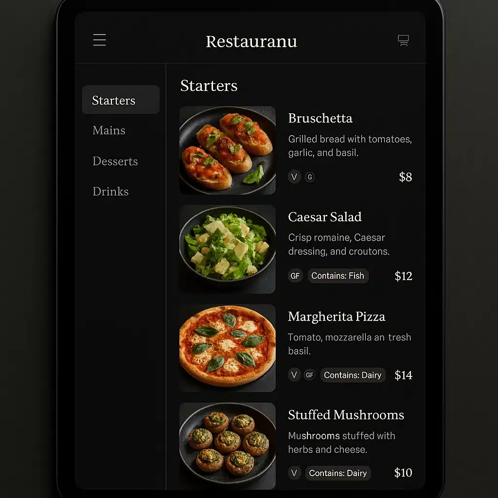 Interactive digital restaurant menu with food photography, allergen icons, and dietary filter options