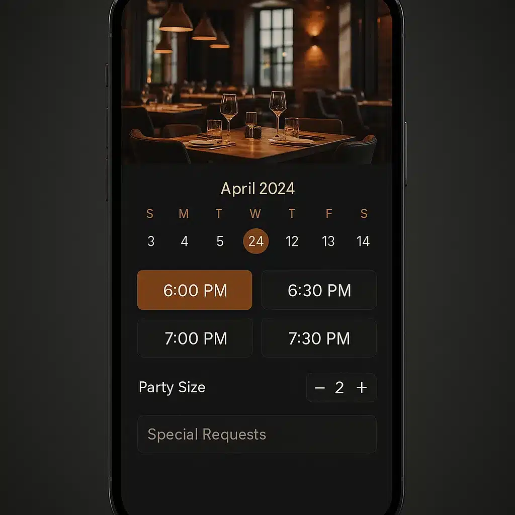 Restaurant reservation and waitlist system showing available time slots and party size selection