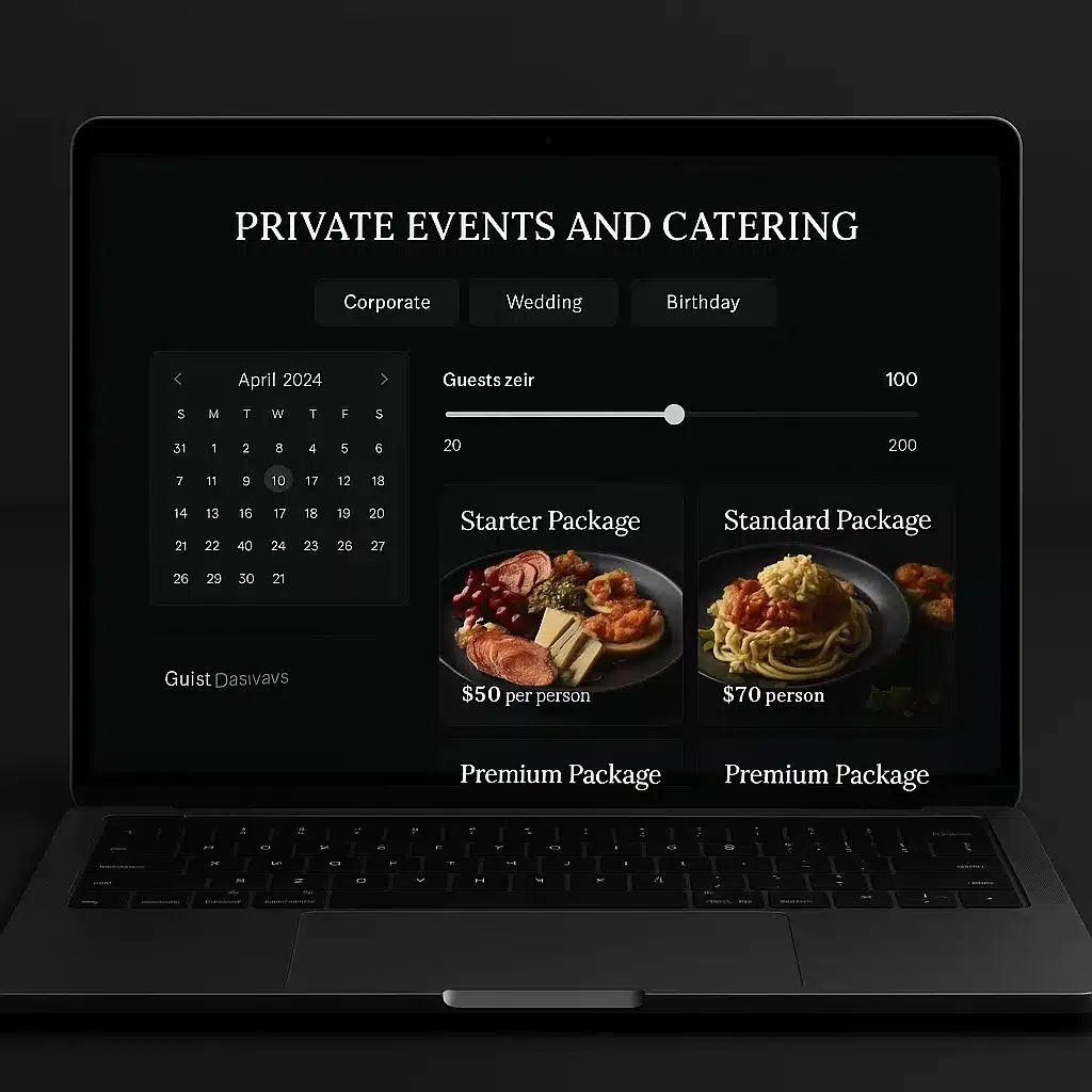 Catering and private event booking portal with package selection, date picker, and guest count