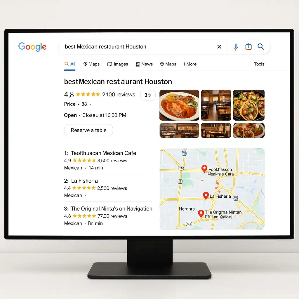 Google search results showing Houston restaurant ranking in local pack with reviews and menu link