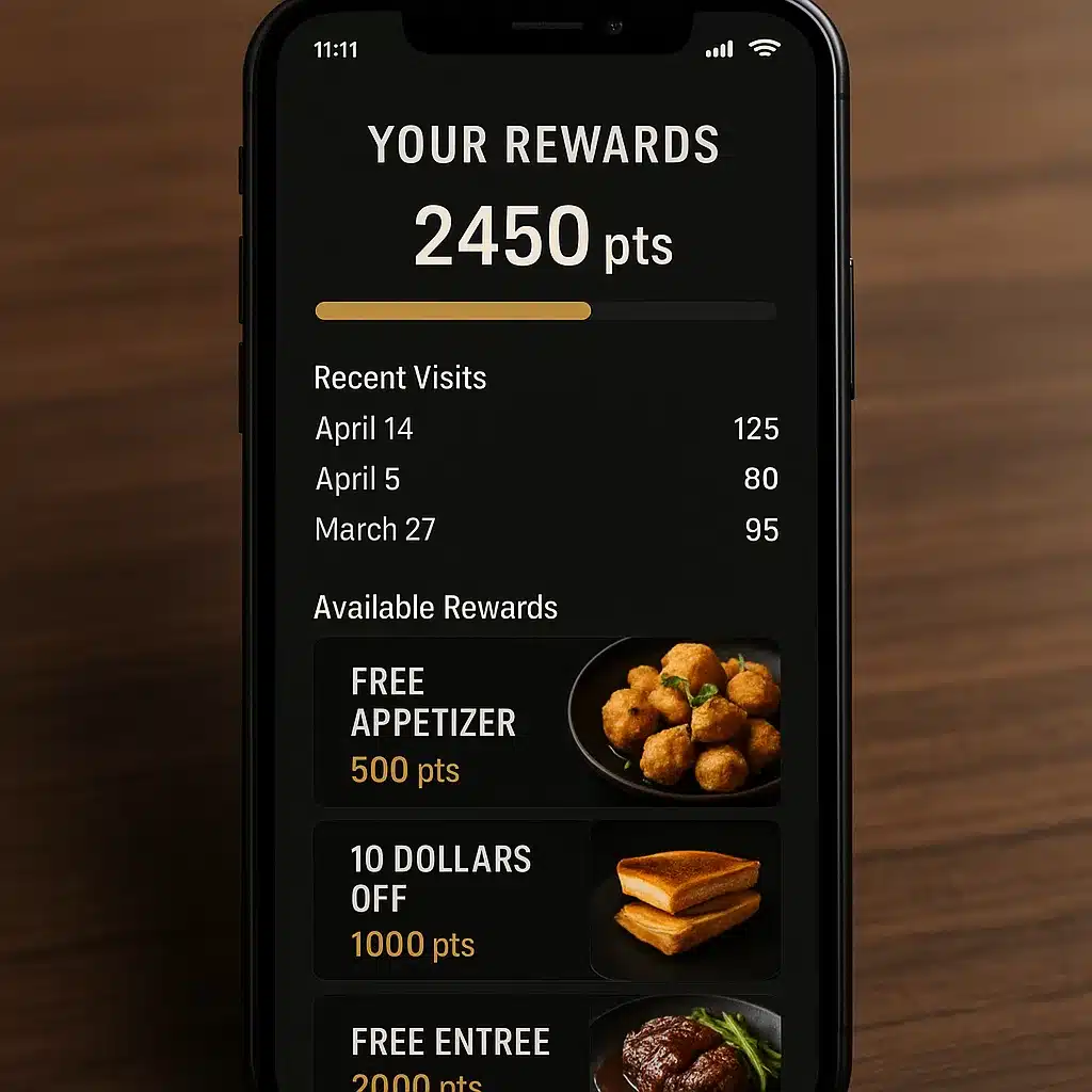 Restaurant loyalty and rewards program dashboard showing points balance, rewards tiers, and repeat visits