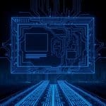 AI web design concept with dark tech aesthetic and Houston skyline