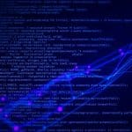 AI code generation visualization with glowing code and neural network patterns