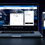 Modern gym website on laptop and phone showing member booking and signup features