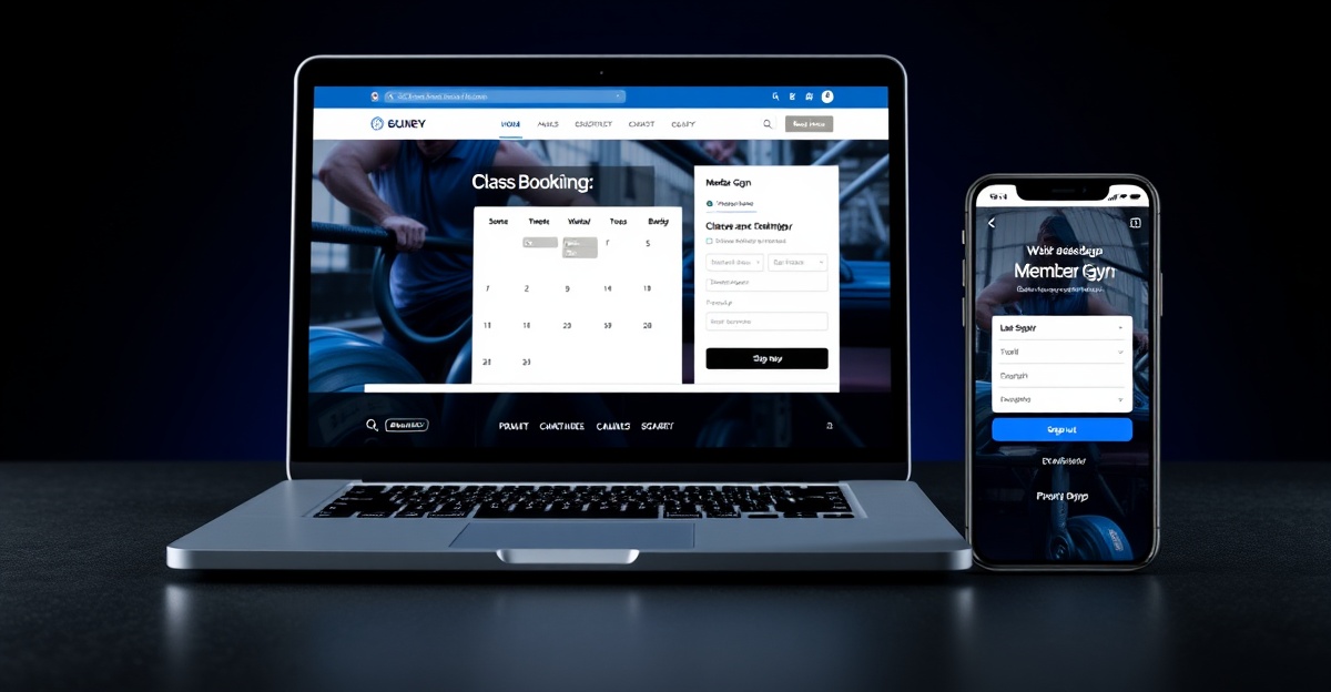 gym-website-features-2026 Modern gym website on laptop and phone showing member booking and signup features