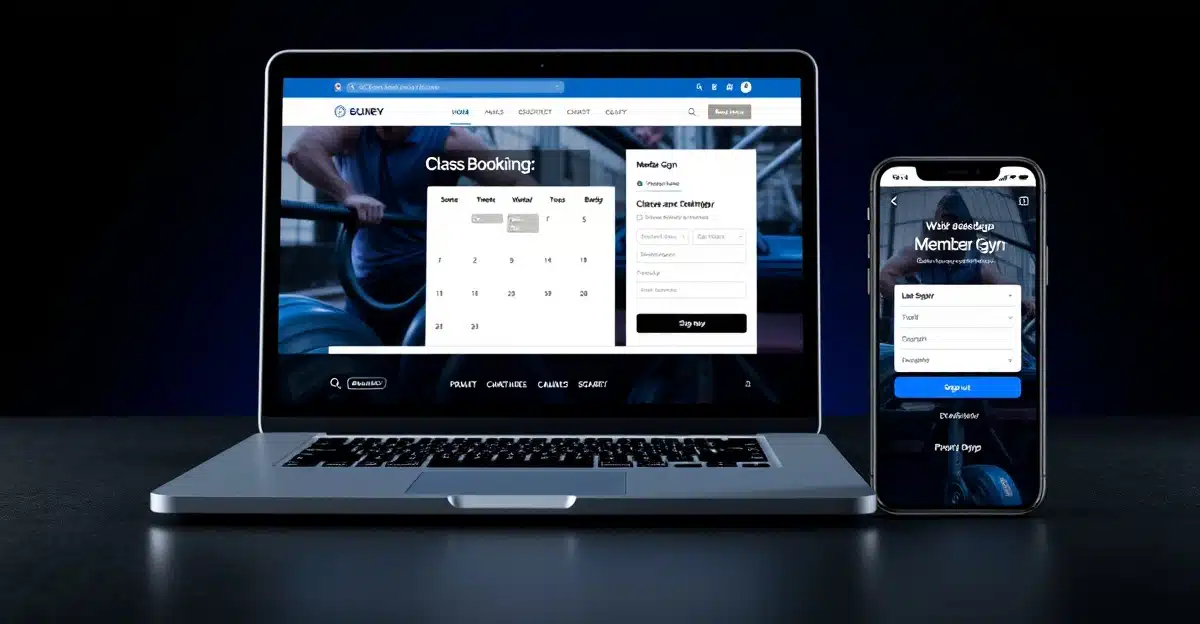 gym-website-features-2026 Modern gym website on laptop and phone showing member booking and signup features