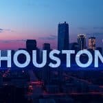 Modern Houston skyline with AI web design interface overlay dark tech style