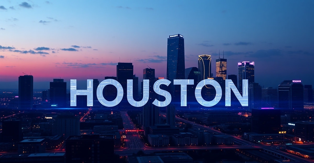 Houston Business Web Design 2026 Modern Houston skyline with AI web design interface overlay dark tech style