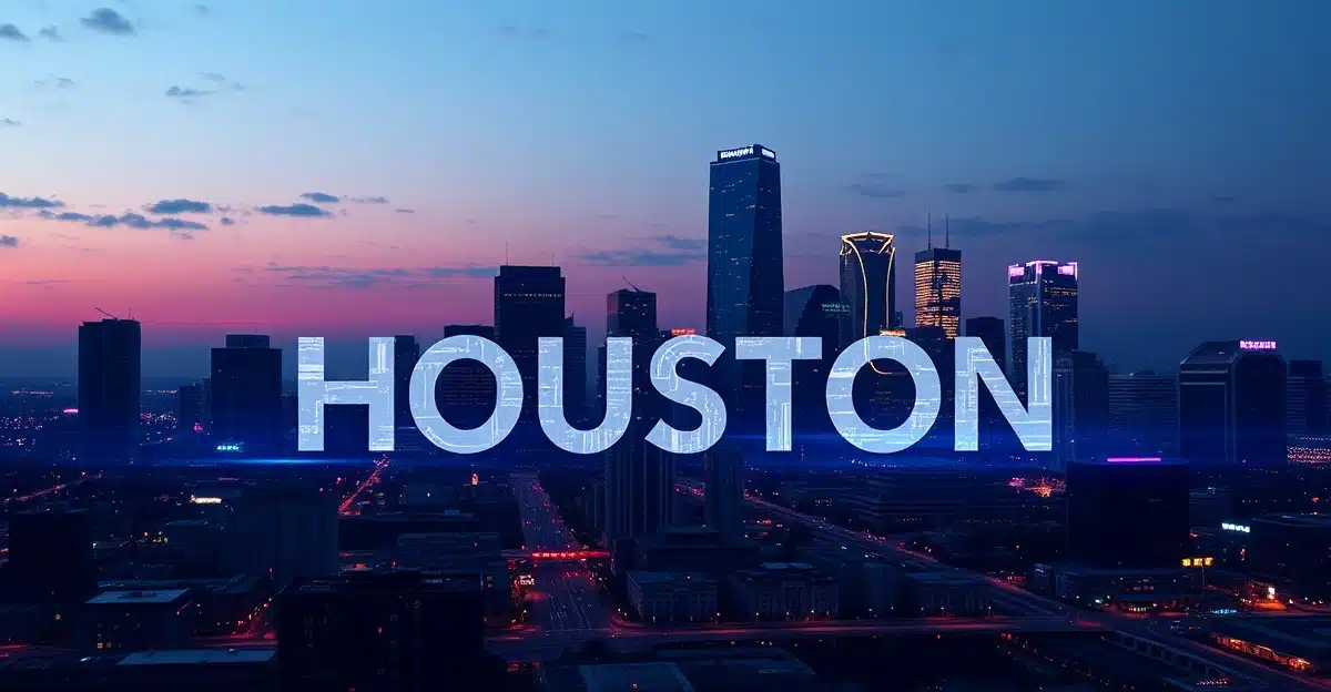 Houston Business Web Design 2026 Modern Houston skyline with AI web design interface overlay dark tech style