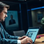 Law firm attorney reviewing web design agency portfolio on laptop