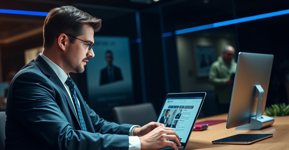 web-design-agency-law-firm Law firm attorney reviewing web design agency portfolio on laptop