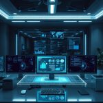 Futuristic AI web design workspace with holographic interface and modern technology