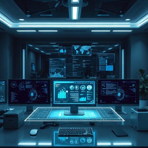 ai-web-design-trends-2026 Futuristic AI web design workspace with holographic interface and modern technology