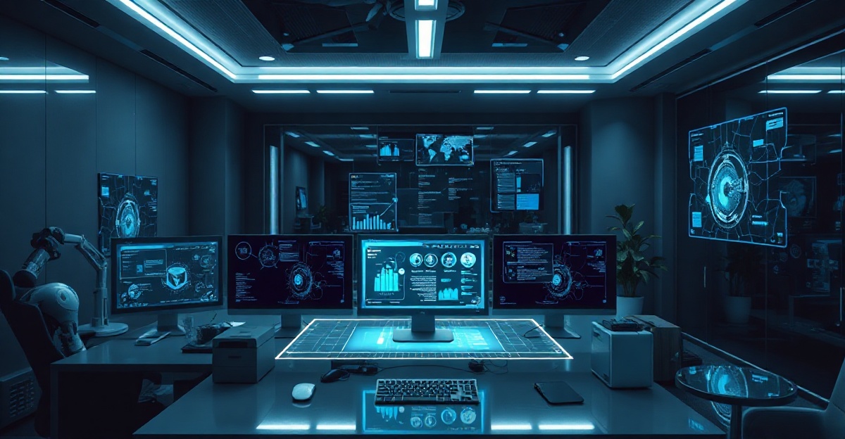 ai-web-design-trends-2026 Futuristic AI web design workspace with holographic interface and modern technology
