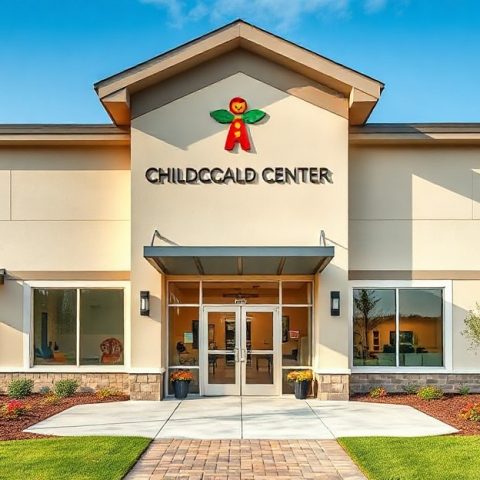 childcare-center-woodlands Modern childcare center in The Woodlands with welcoming entrance and professional architecture