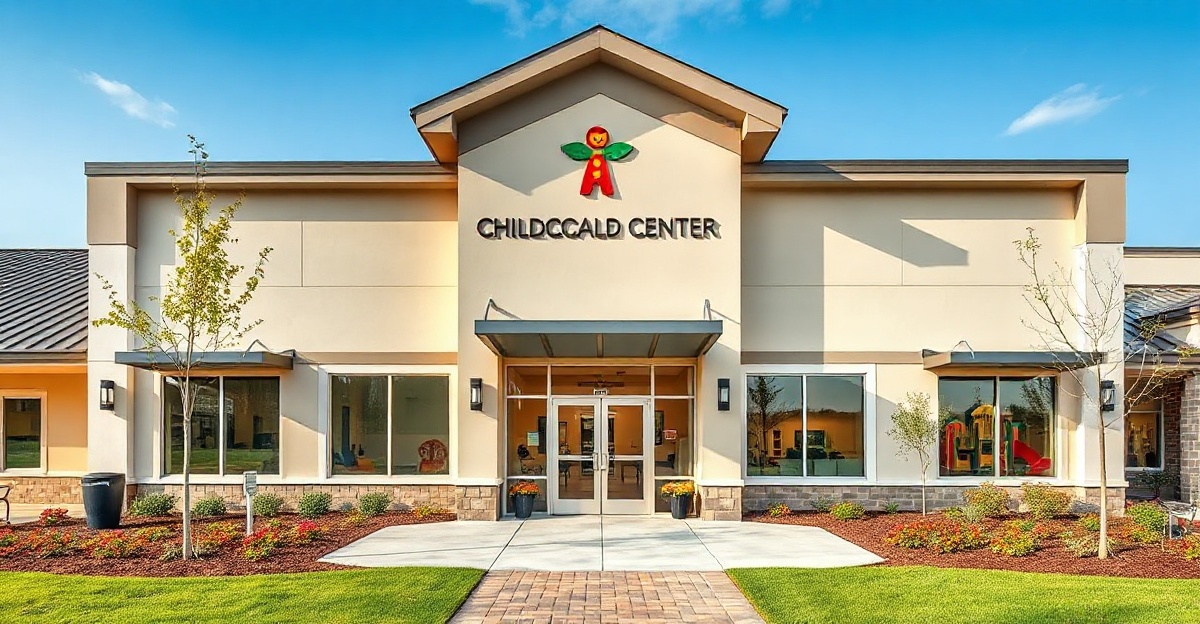 childcare-center-woodlands Modern childcare center in The Woodlands with welcoming entrance and professional architecture