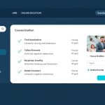 Modern continuing education website dashboard showing WordPress LMS enrollment funnel with student registration workflow and course catalog interface