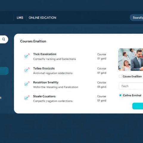 continuing-education-lms-featured Modern continuing education website dashboard showing WordPress LMS enrollment funnel with student registration workflow and course catalog interface