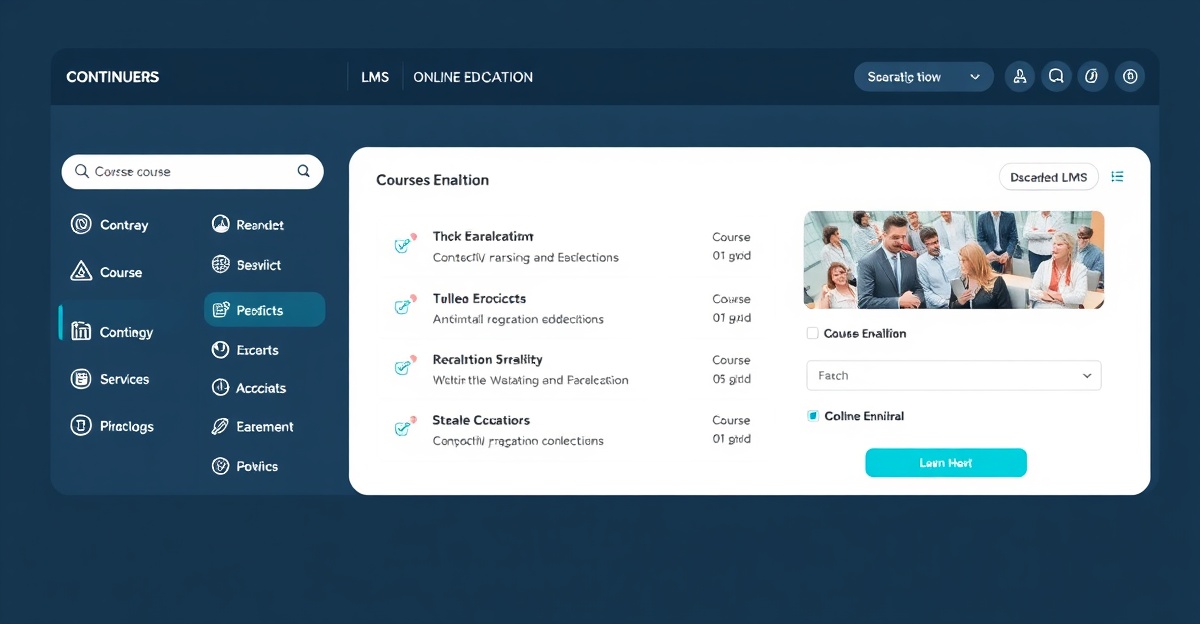 continuing-education-lms-featured Modern continuing education website dashboard showing WordPress LMS enrollment funnel with student registration workflow and course catalog interface