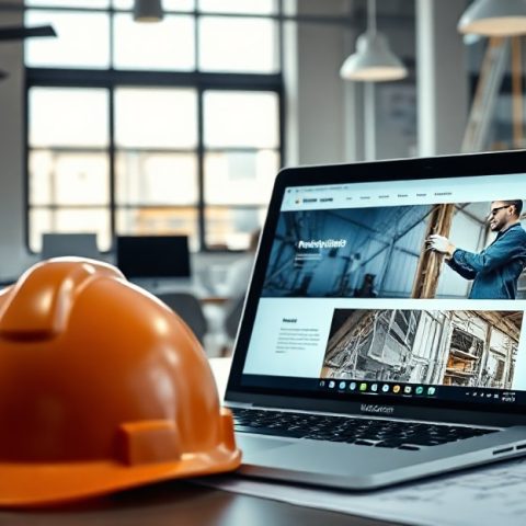 evaluate-web-developer-construction Construction company owner reviewing web developer portfolio on laptop