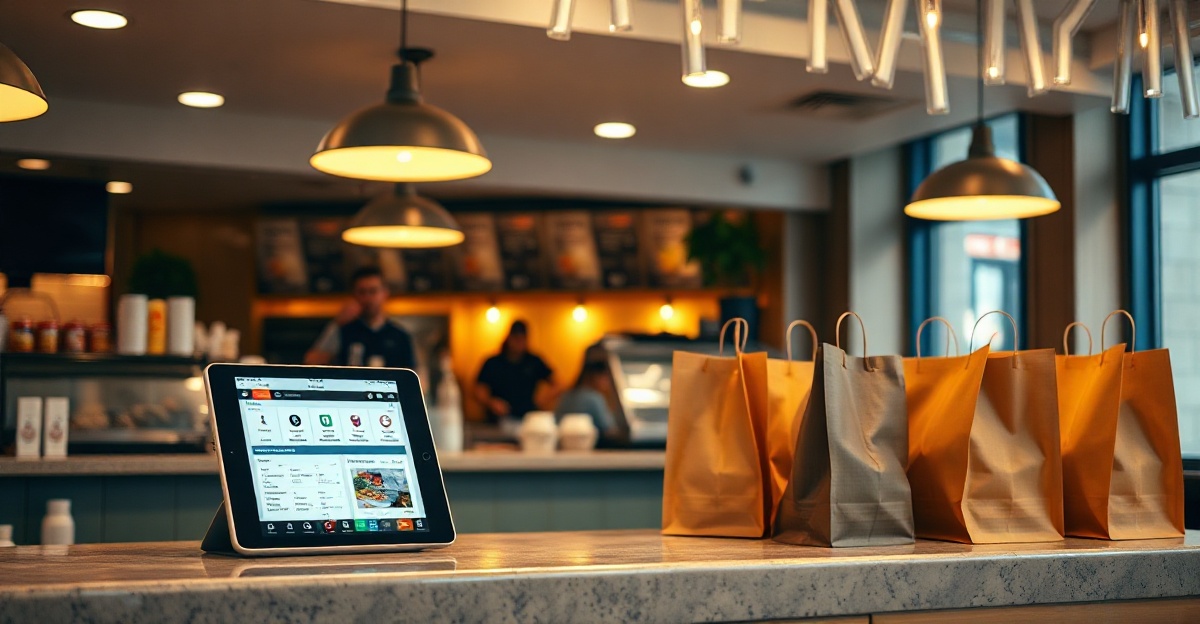Restaurant owner managing online orders on tablet with food delivery setup