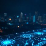 AI automation dashboard glowing over Houston skyline at night