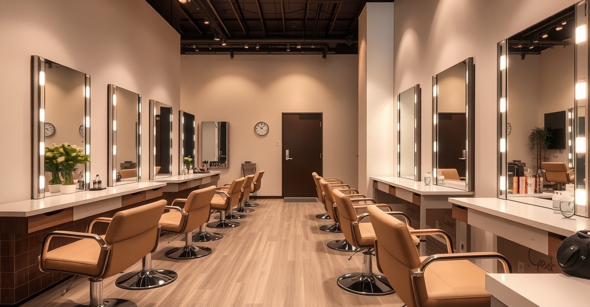beauty-salon-league-city Modern beauty salon interior in League City Texas with professional styling stations