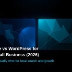 Abstract dark tech visualization comparing two website platforms with glowing blue panels