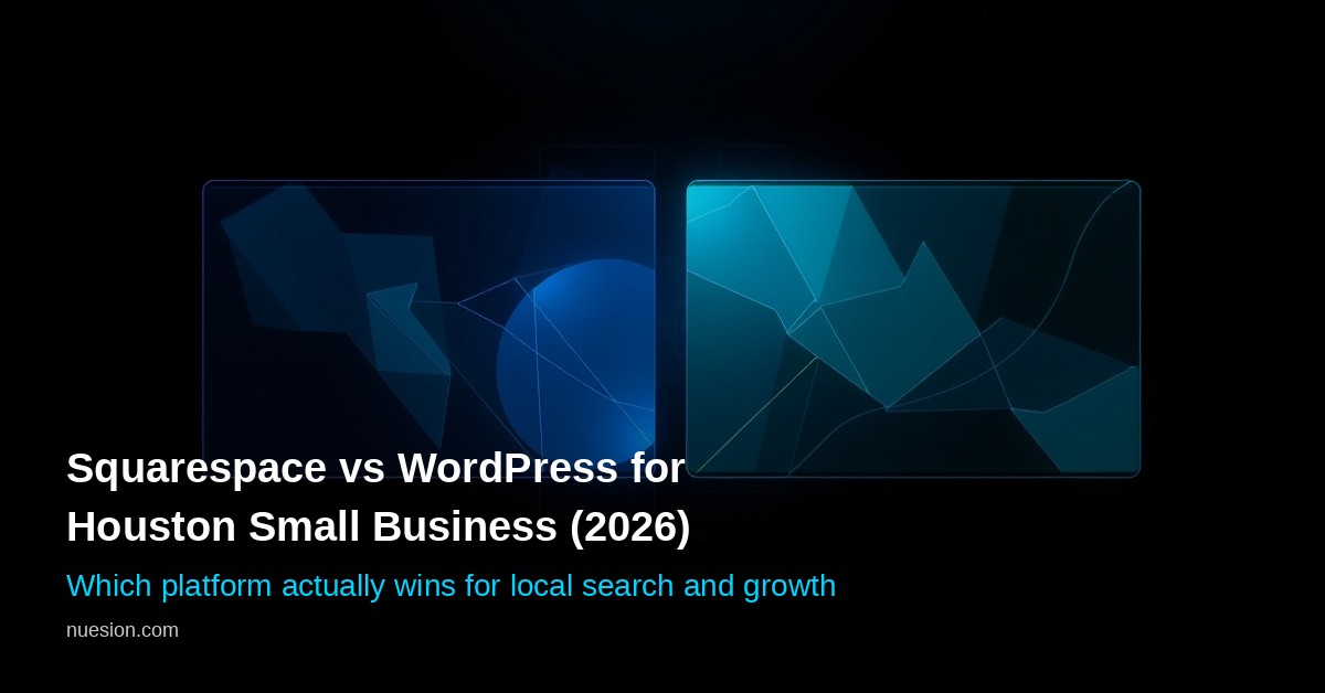 squarespace-vs-wordpress-houston-small-business Abstract dark tech visualization comparing two website platforms with glowing blue panels