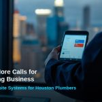 Houston plumber checking phone with website dashboard, dark cityscape backdrop