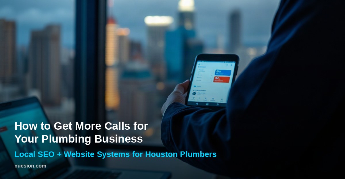 how-to-get-more-calls-plumbing-business Houston plumber checking phone with website dashboard, dark cityscape backdrop