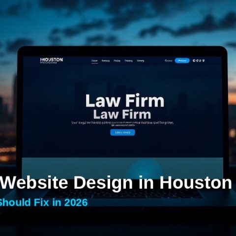 law-firm-website-design-houston Law firm website design mockup with Houston skyline at dusk