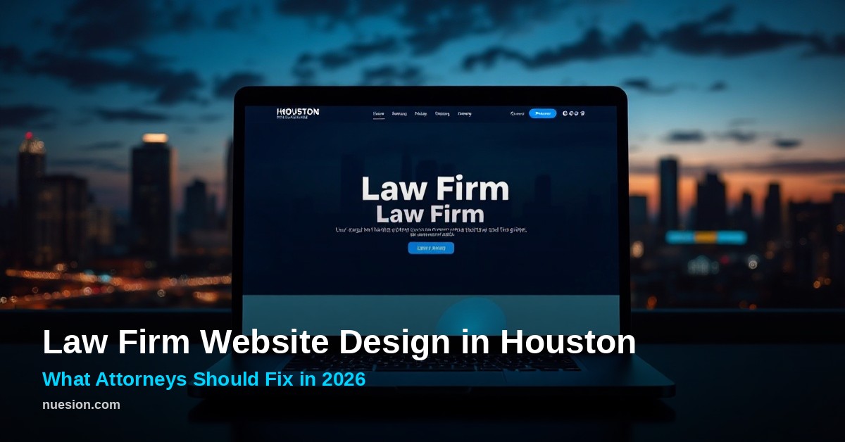 law-firm-website-design-houston Law firm website design mockup with Houston skyline at dusk