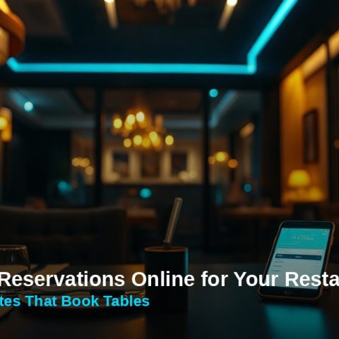 take-reservations-online-restaurant Restaurant table with phone showing online reservation booking screen
