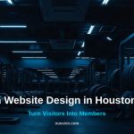 Dark modern gym interior in Houston with gym website design text overlay