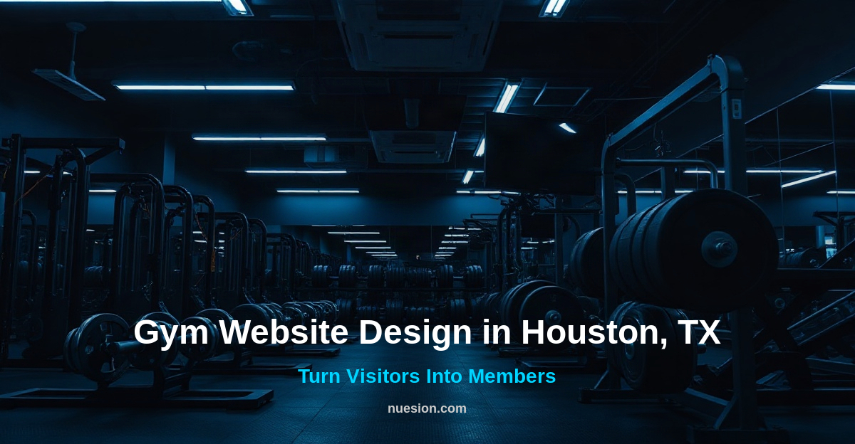 gym-website-design-houston-tx-featured Dark modern gym interior in Houston with gym website design text overlay