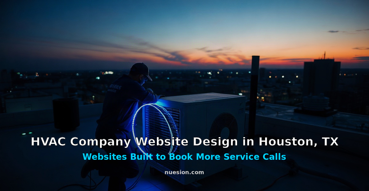 hvac-company-website-design-houston-tx HVAC technician servicing a rooftop unit at dusk, representing HVAC company website design in Houston TX