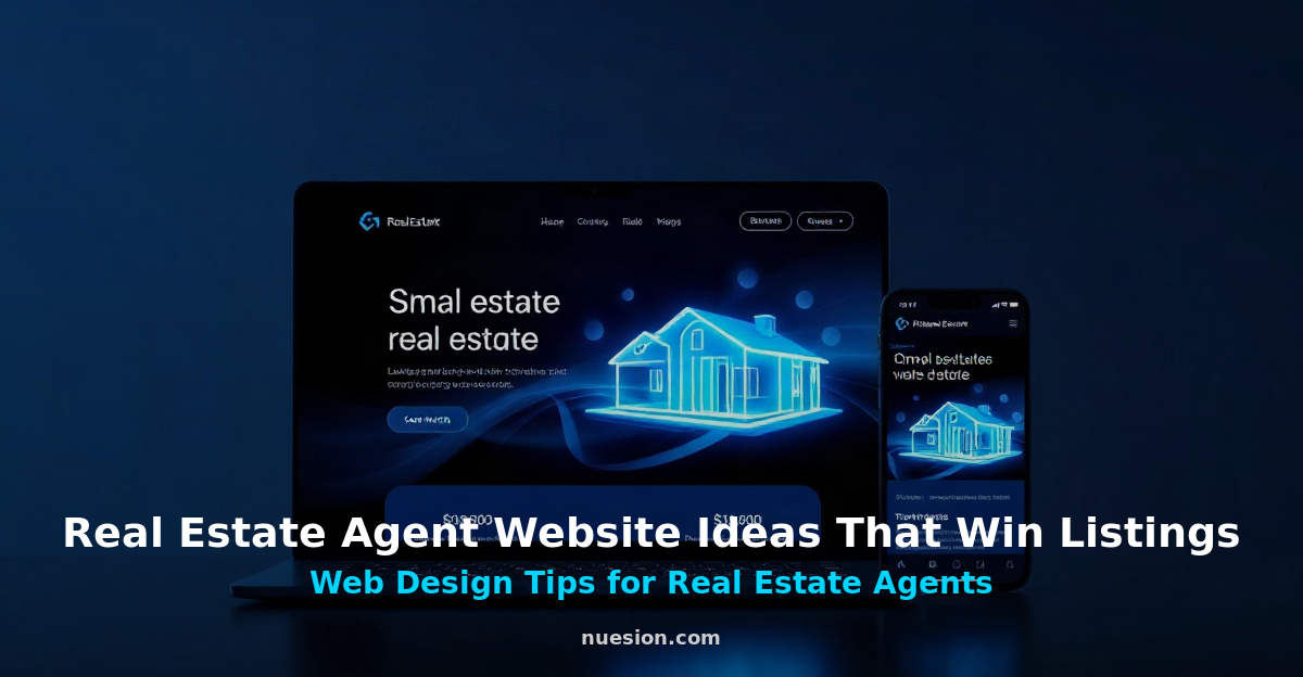 real-estate-agent-website-ideas Dark tech-style real estate agent website mockup with laptop and phone displaying property listings