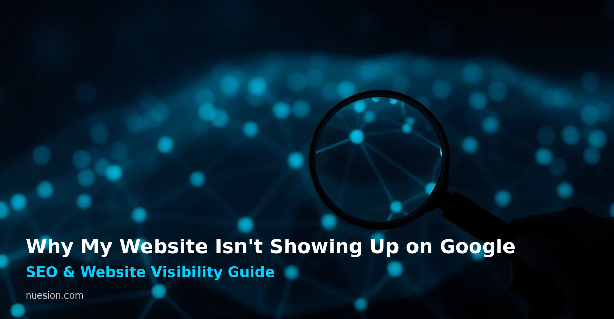why-my-website-isnt-showing-up-on-google Dark tech-style graphic illustrating a website losing Google search visibility and ranking
